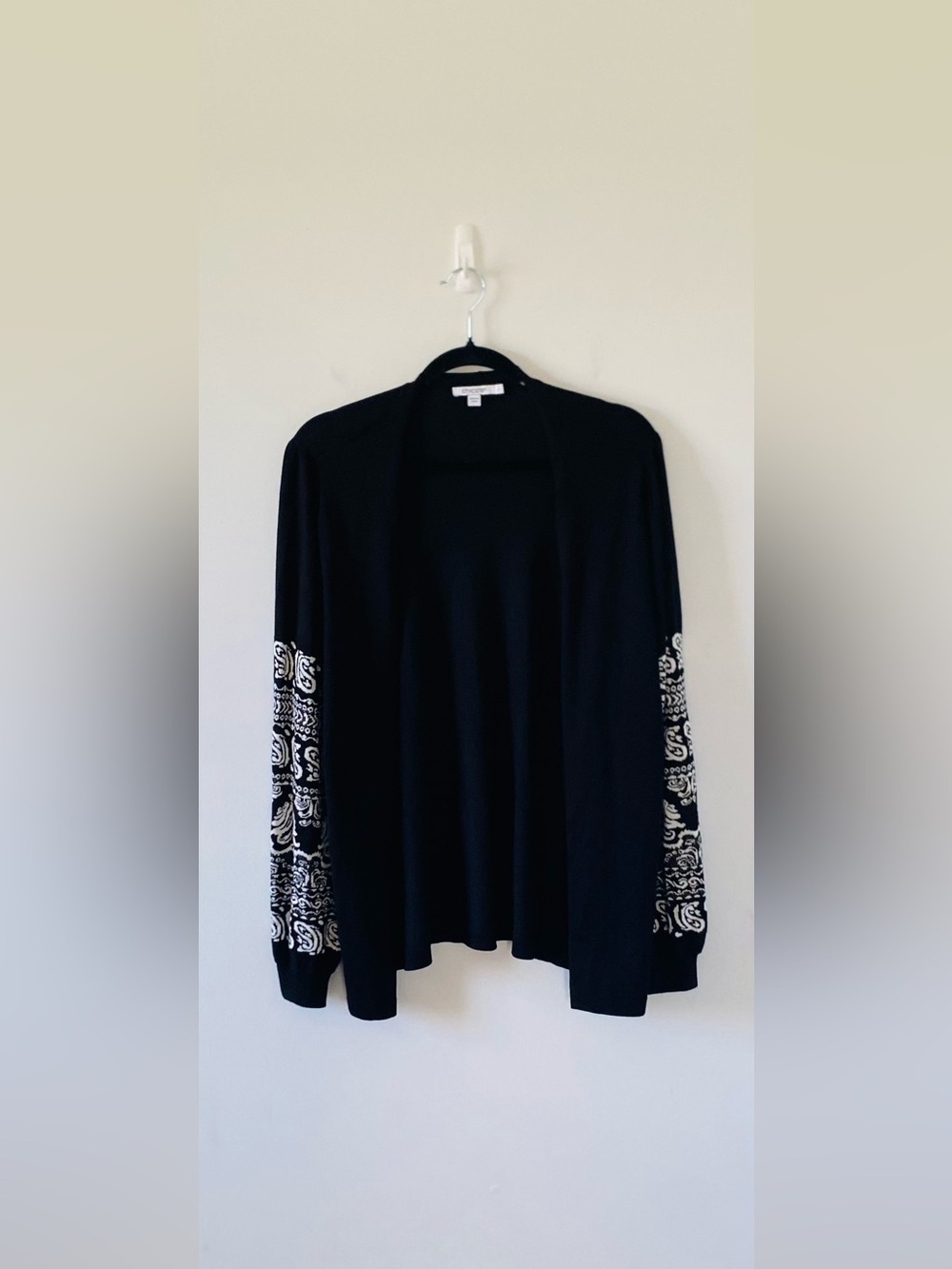 Chico's Extra Soft Open-Front Cardigan Embroidered Sleeves Size L Boho Casual